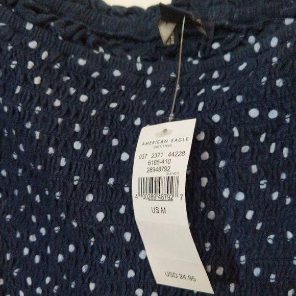 [M] Smocked Polka Dot Puffy Sleeved Crop Top - Picture 3 of 4